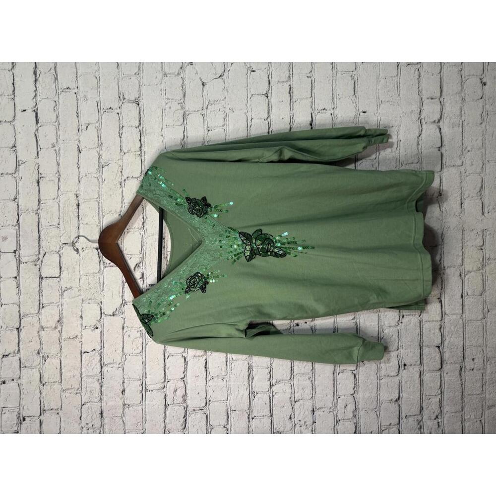Lacy Afternoon Women's Long Sleeve Green Top with Sequin Floral Detail